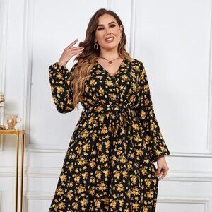 Melo Apparel Plus Size Floral Surplice Neck Long Sleeve Dress